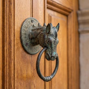 Könnte beinhalten: Ein Türklopfer aus Bronze in Form eines Pferdekopfes mit einem kreisförmigen Griff. Der Klopfer ist an einer Holztür mit warmer, natürlicher Holzmaserung angebracht. Der Pferdekopf hat detaillierte Merkmale.