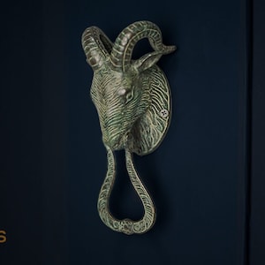 Vintage Green Goat Door Knocker, Door Decor, Holiday Gift, Door Knocker, Unique Aries Zodiac, Lamb Sculpture, Home Decor, Halloween Gift