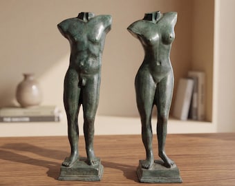 Couple Bronze Torso Body Sculpture 15.7", Green Nude Statue, Modern Home Decor