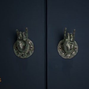 Unique Pair Green Hand Door Handle, Halloween gift, Holiday Decoration, Bronze Hook, Mudra Hand Pose hook, Wall Hook, Home Decor, Wall Decor