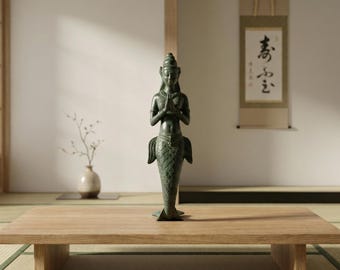 Brass Mermaid Figurine 10.2 inch, Matsya Sea Goddess Sculpture, Desk Decor, Coastal Home Accent