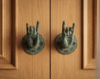 Green Patina Hand Mudra Door Handle 4", Brass Gesture Pull Pair, Entry Hardware Decor