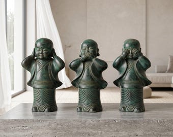 Three Wise Monks Sculpture 11", Brass Green Patina Buddha Set, Home Office Decor