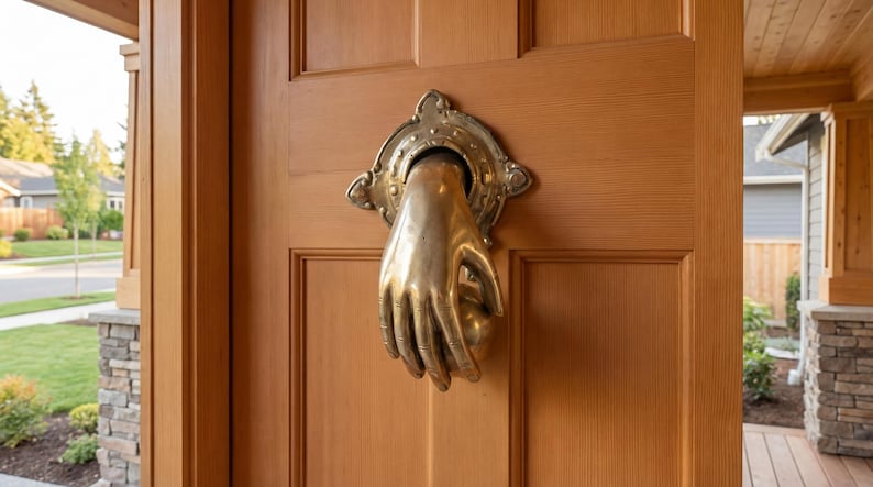 Gold Hand Shaped Brass Door Knocker, Handmade Rustic Ornament (6.2 Inch), Summer Decor Ideas image 1