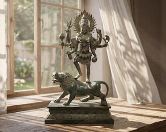 Hindu Goddess Mahakali Statue on Lion 22", Antique Bronze Sculpture