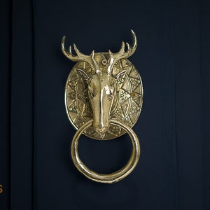Gold Deer Door Knocker, Halloween Gift, Unique Golden Solid Brass Door Decor, Home Decor,Summer Day, Door Ornaments, Interior Idea