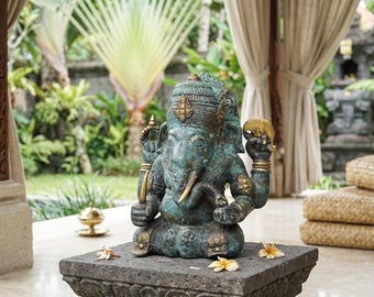 Ganesh Statue 8.4 Inch, Ganesha Brass Sculpture, Blue Patina Hindu Decor, Meditation Figurine