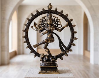 Shiva Nataraja Statue 13.8", Black Gold Brass, Spiritual Home Decor, Hindu God Figurine