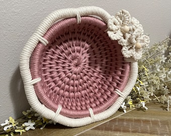 Handmade Macrame Coil Basket, Rose & Ivory - Two Flowers Accent - Mother's Day Gift - Table Decor