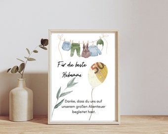 May include: A white card with a watercolor illustration of baby clothes hanging on a clothesline. The card says "For the best midwife" and "Thank you for accompanying us on our big adventure".