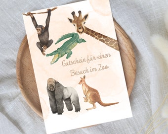 May include: A colourful card featuring a giraffe, gorilla, crocodile and kangaroo. The card reads "Gutschein für einen Besuch im Zoo", which translates to "Voucher for a visit to the zoo".