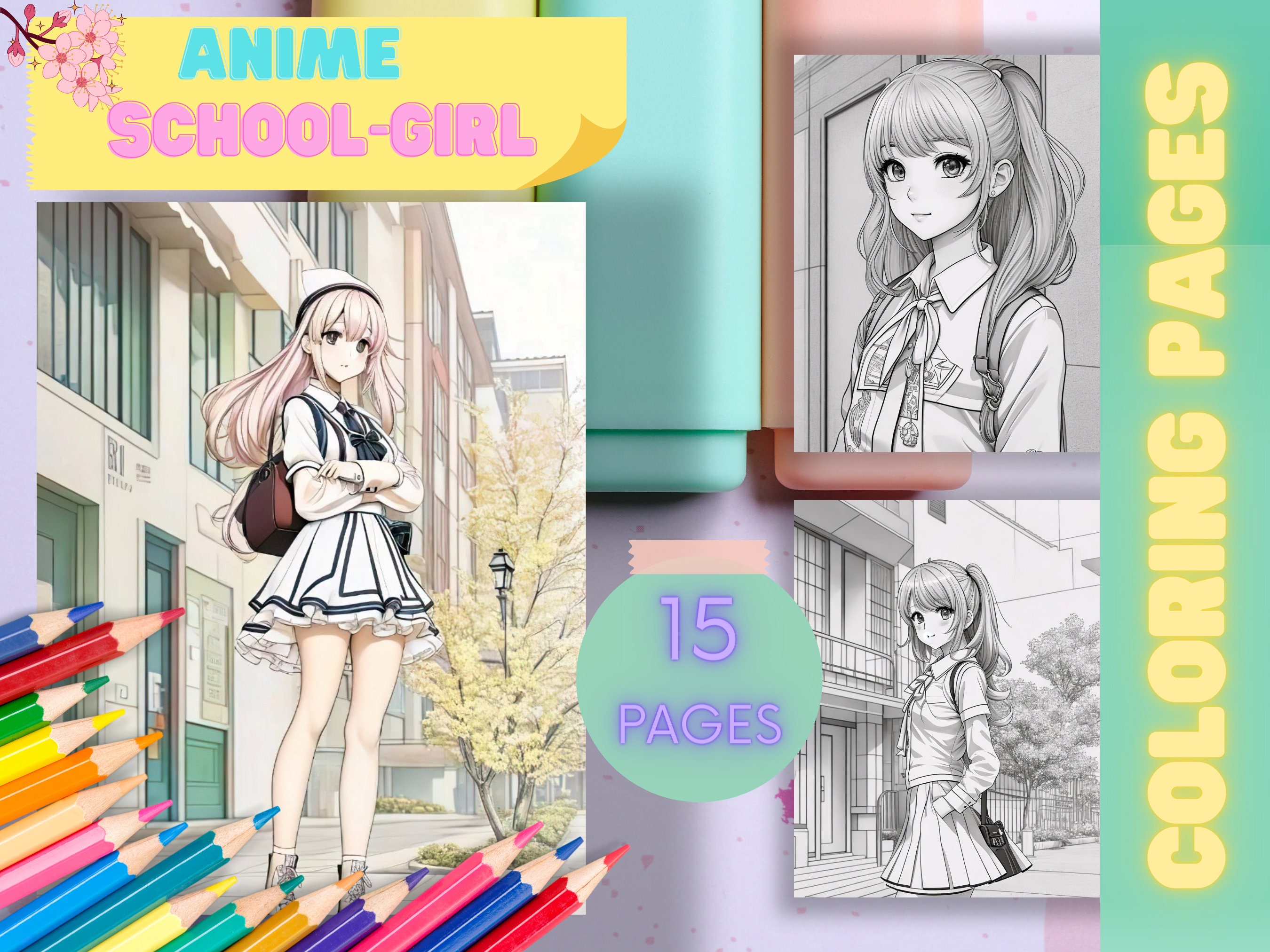15 Anime Schoolgirl Coloring Pages 15 Printable Pages Etsy
