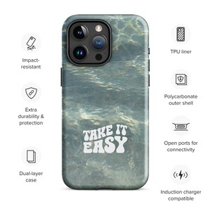 May include: A smartphone case with a water-like design in shades of blue and gray. The case features the text "TAKE IT EASY" in white. It is impact-resistant, has a TPU liner, a polycarbonate outer shell, and is induction charger compatible.