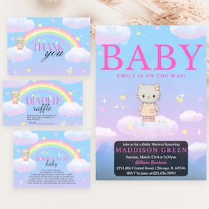 Editable Cute Kitty Baby Shower Invitation Bundle, Cute Kitty Baby Shower Invite, Girl Summer Baby Shower,Cute Kitty Shower