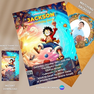 Birthday Bundle Editable Invite Digital Card One Piece Card Theme Evite Printable Canva Gift Idea Kid Children Boy Girl Party Invitation