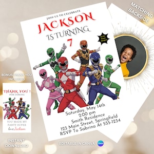 Power Rangers Geburtstagskarte zum Ausdrucken, Red Power Ranger Invite, Digital Art Canva Geschenkidee Kinder Party Einladung BBS300