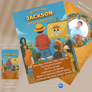 Birthday Bundle Editable Invite Digital Card One Piece Card Theme Evite Printable Canva Gift Idea Kid Children Boy Girl Party Invitation