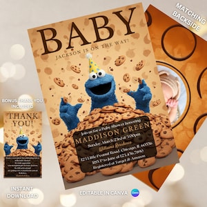 Invito per baby shower modificabile a tema "Mostro di biscotti" con tema genere neutro, invito per baby shower a tema cartone animato, biscotto marrone con tema mostro di biscotti, biscotto carino BBS301