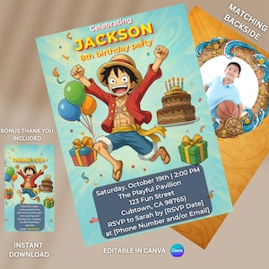 Birthday Bundle Editable Invite Digital Card One Piece Card Theme Evite Printable Canva Gift Idea Kid Children Boy Girl Party Invitation