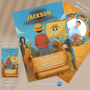 Birthday Bundle Editable Invite Digital Card One Piece Card Theme Evite Printable Canva Gift Idea Kid Children Boy Girl Party Invitation