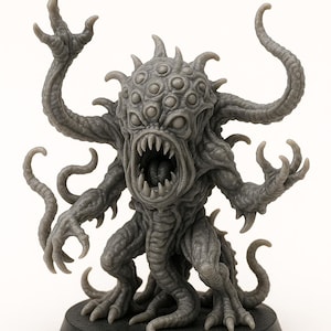 Puede incluir: Una figura de monstruo en miniatura gris detallada, con múltiples ojos, dientes afilados y tentáculos. La criatura tiene una apariencia amenazante, de pie sobre una base negra. Esta figura de fantasía es adecuada para juegos de mesa o exhibición.