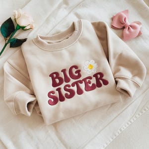 May include: A beige sweatshirt with the words "BIG SISTER" in burgundy lettering and a daisy applique. A pink bow and a rose are also in the image. The sweatshirt has ribbed cuffs and a crew neck.