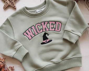 Wickeds Embroidered Kids Sweatshirt, Witch Pink and Green Kids Sweatshirt, Wicked Defy Gravity Broomstick Magic Wand, Gift For Baby Girl