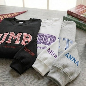 Custom Embroidered College Name Applique Sweatshirt, Personalized University Crewneck, University Gingham Applique Tee, Game Day Outfit