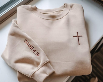 Felpa cristiana personalizzata con ricamo, manica con versetto biblico, Isaia 4:10, abbigliamento religioso