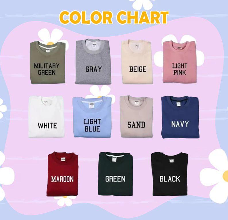 Puede incluir: Una carta de colores que muestra varias sudaderas de cuello redondo en diferentes colores. Los colores incluyen verde militar, gris, beige, rosa claro, blanco, azul claro, arena, azul marino, granate, verde y negro. El texto "COLOR CHART" est&aacute; en la parte superior.