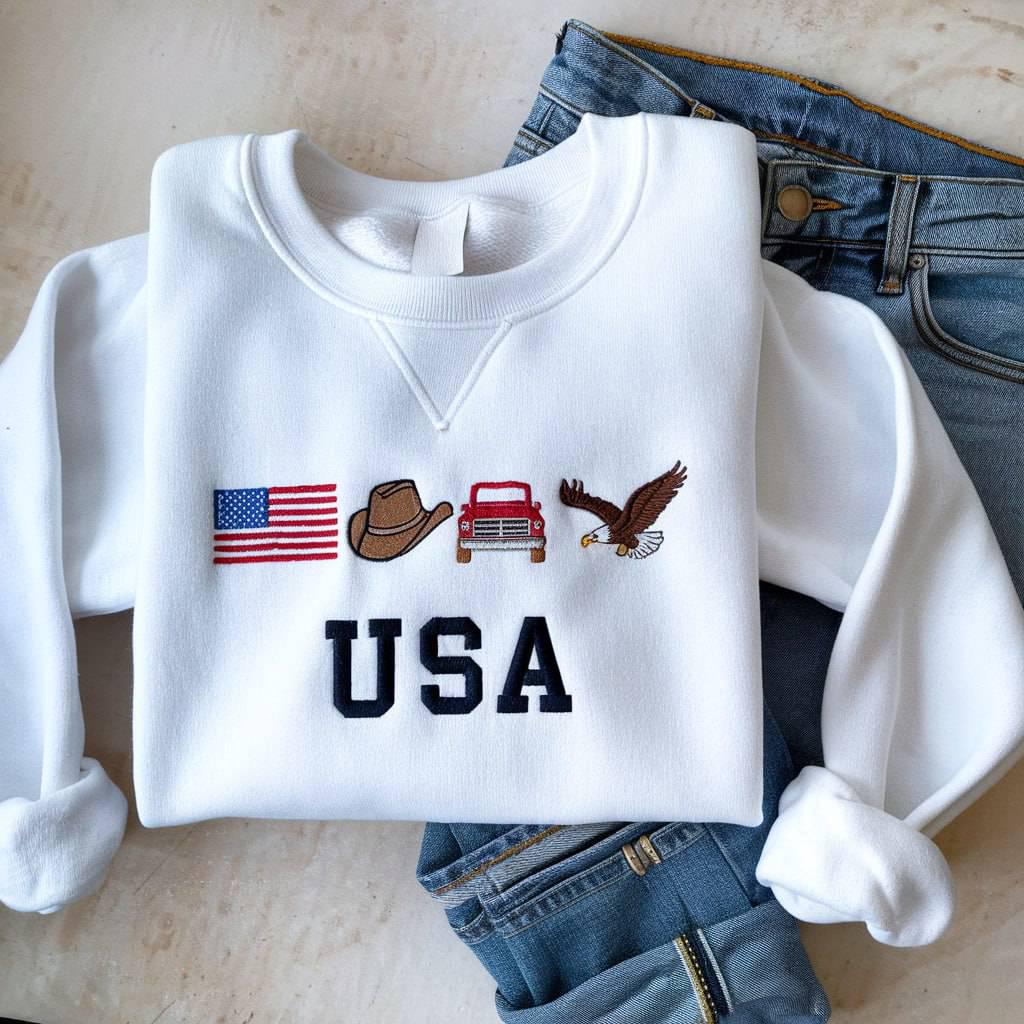 USA Embroidered Icons Crewneck Sweatshirt, America