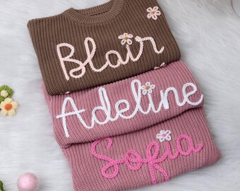 Hand Embroidered Name Baby Sweater, Custom Knit Cotton Outfit