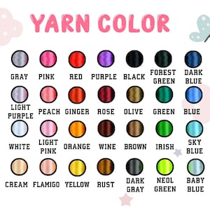 Puede incluir: Una carta de colores que muestra una variedad de colores de hilo. El texto "YARN COLOR" est&aacute; en la parte superior. Los colores incluyen gris, rosa, rojo, morado, negro, verde bosque, azul oscuro, morado claro, melocot&oacute;n, jengibre, rosa, oliva, verde, azul, blanco, rosa claro, naranja, vino, marr&oacute;n, irland&eacute;s, azul cielo, crema, flamenco, amarillo, &oacute;xido, gris oscuro, verde ne&oacute;n y azul beb&eacute;.