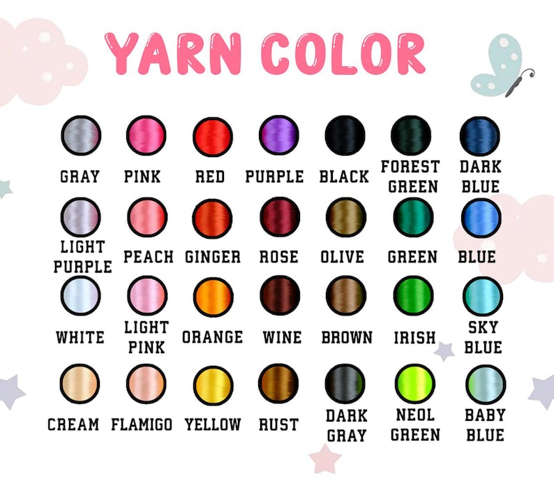 Puede incluir: Una carta de colores que muestra una variedad de colores de hilo. El texto "YARN COLOR" est&aacute; en la parte superior. Los colores incluyen gris, rosa, rojo, morado, negro, verde bosque, azul oscuro, morado claro, melocot&oacute;n, jengibre, rosa, oliva, verde, azul, blanco, rosa claro, naranja, vino, marr&oacute;n, irland&eacute;s, azul cielo, crema, flamenco, amarillo, &oacute;xido, gris oscuro, verde ne&oacute;n y azul beb&eacute;.