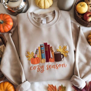 Cozy Season Embroidered Sweatshirt, Autumn Pumpkin Design