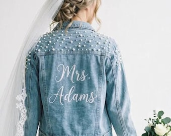 Embroidered Wedding Bridal Denim Jacket, Engagement Gifts, Pearl Denim Jacket, Customized Personalized Jacket, Wedding Gift