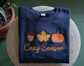 Embroidered Falling Leaves Sweatshirt, Cozy Autumn Shirt