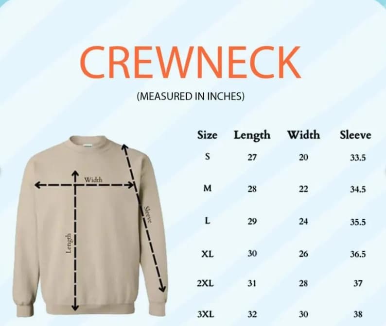 Op de afbeelding: Een beige crewneck sweatshirt met afmetingen in inches. De tekst "CREWNECK" wordt bovenaan weergegeven. Afmetingen voor lengte, breedte en mouw worden geleverd voor de maten S t/m 3XL.