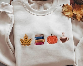 Embroidered Autumn Sweatshirt, Leaf Pumpkin Book Design