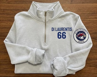 Sudadera Briar University Di Laurentis 66 con cremallera de un cuarto bordada, inspirada en el estilo Off Campus, sudadera Hockey Romance con cremallera de un cuarto