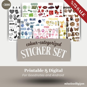 May include: A set of printable and digital stickers categorised by colour. The stickers feature a variety of designs, including hearts, stars, flowers, animals, and more. The set includes over 300 stickers and is available for Goodnotes and Android.