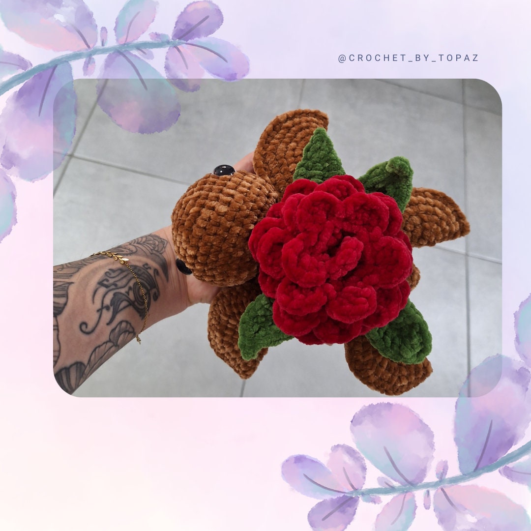 Medium sized handmade crocheted amigurumi Rose sea turtle plushy- you can choose the body color