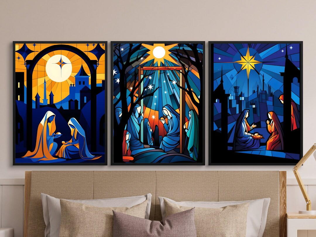 Stained Glass Nativity Scene Wall Art Set 4 Jesus Print Etsy UK