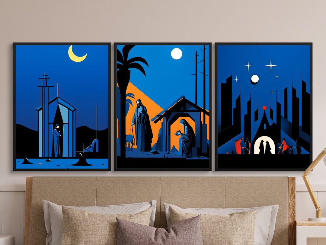 Contemporary Nativity Scene Wall Art Set 4, Jesus Print, Christmas