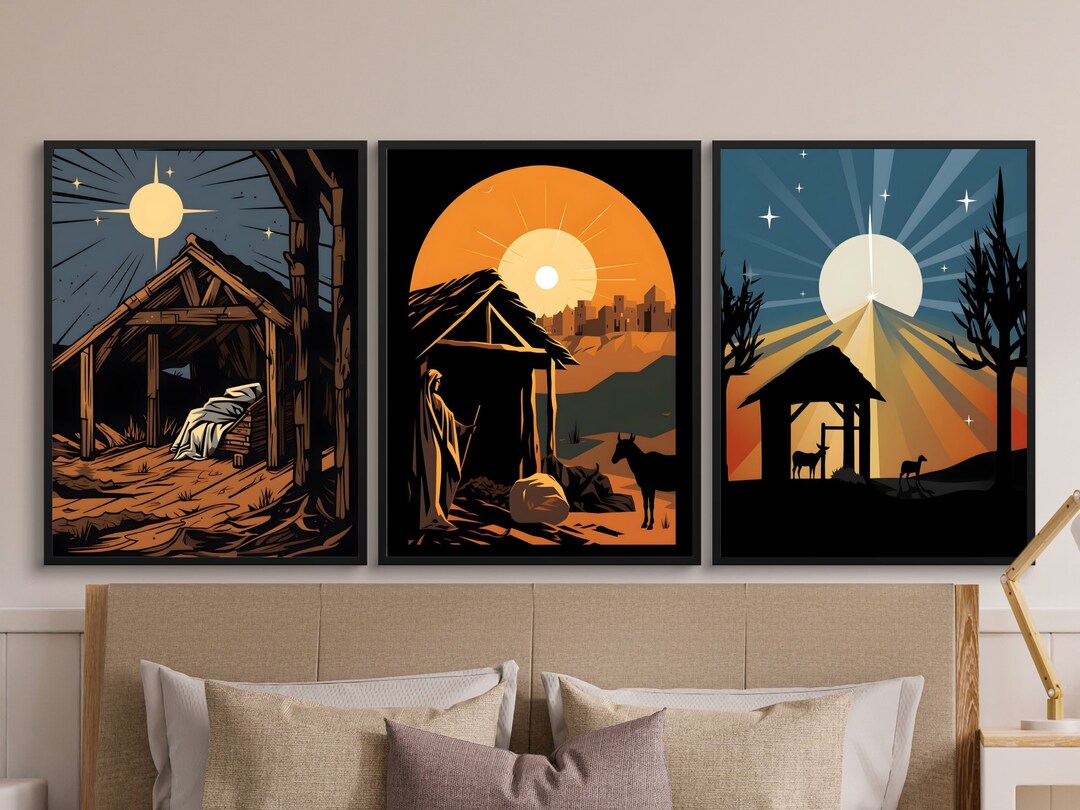 Vintage Nativity Scene Wall Art Set 3, Jesus Print, Christmas