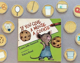 May include: A children's book titled "If You Give a Mouse a Cookie" with illustrations of a mouse and cookies. Surrounding the book are circular illustrations of related items like scissors, a mirror, and a glass of milk. The book cover is green and white.