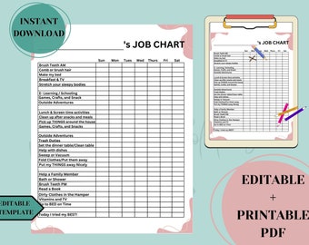 Editable Chore Chart for Kids, Kids Job Chart, Weekly Job Checklist, Printable Charts, Chores ...