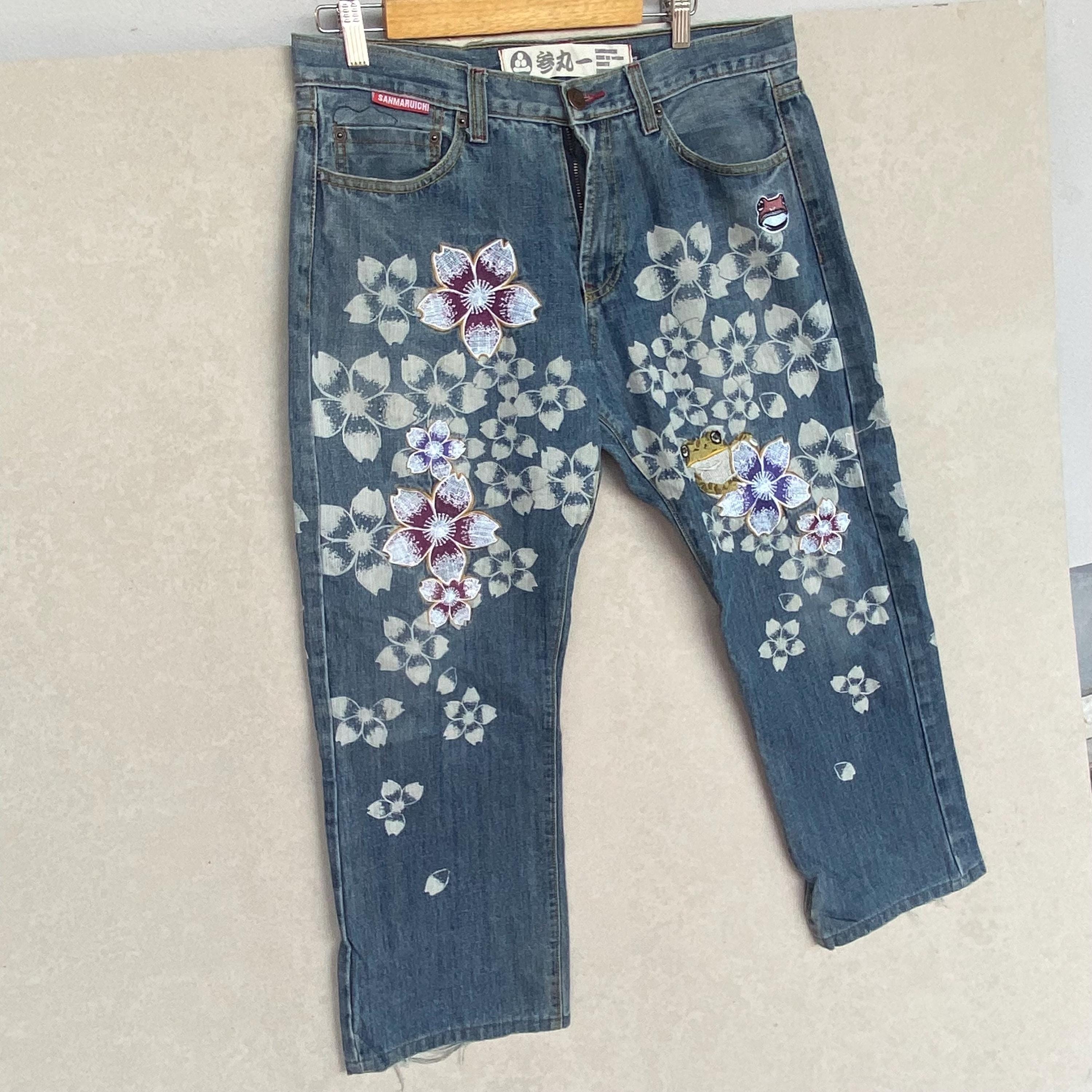 Vintage Sanmaruichi Jeans Embroidered Flower Blue Color W34 L28 - Etsy