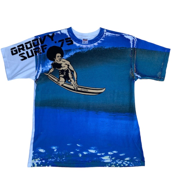 Vintage 90's Groovy Surf ‘75 Surfing Overprint Large T Shirt Powerfull Spirit Fullprint Multicolor Shirt Skateboarding Tee Size L