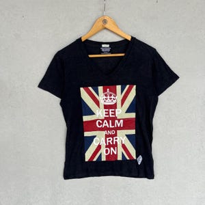 Vintage Braver Keep Calm and Carry On Union Jack V-hals T-shirt maat S